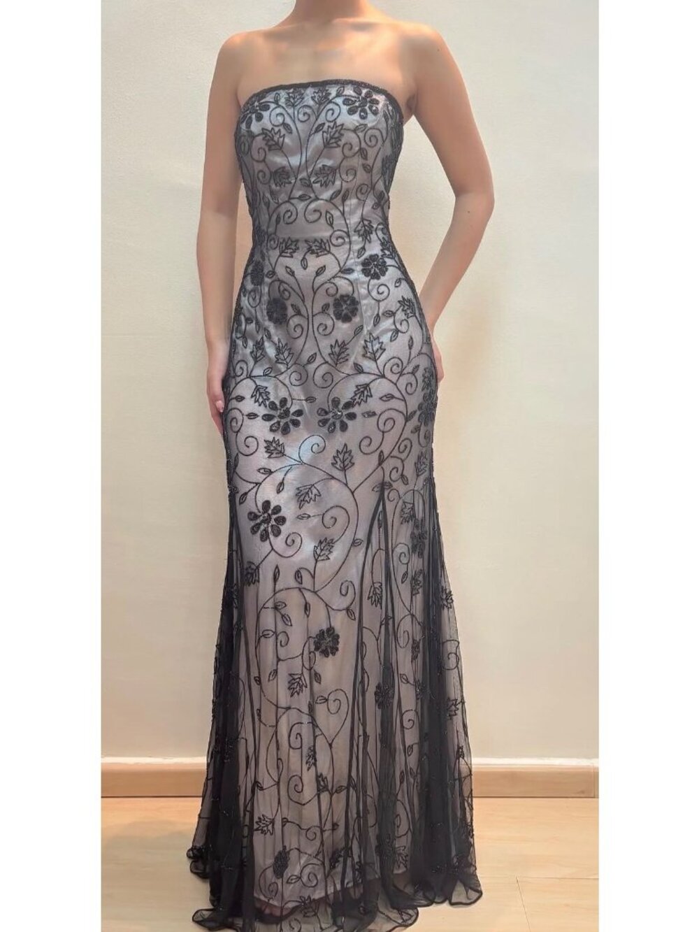 Cache Floral Beaded Evening Prom Gown Dress XS Black Mesh Embroidered Y2K Whimsi